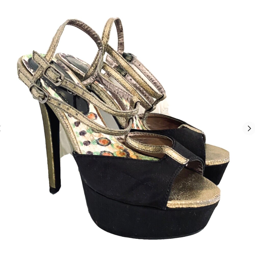 2 Lips Too Strappy Stiletto Heels Sandals Platform Peep Toe Black Gold Women 7.5